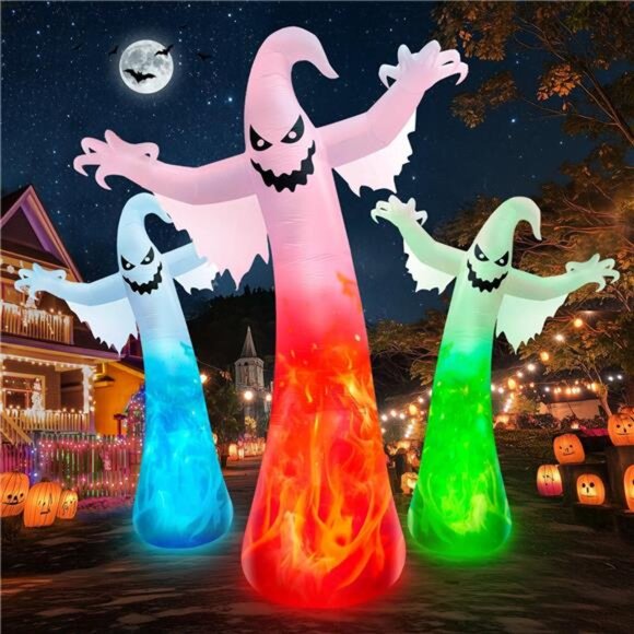 12FT 4pcs Giant Scary Ghost with Flames & Flashing Red Eyes  12FT Giant Halloween Inflatables Ghost with 3-Colored Flame Rotation LED